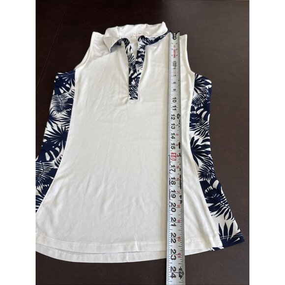 Sleeveless White Polo Tank Top With Navy Tropical Print Accents By Pin Clover Si - Picture 6 of 7